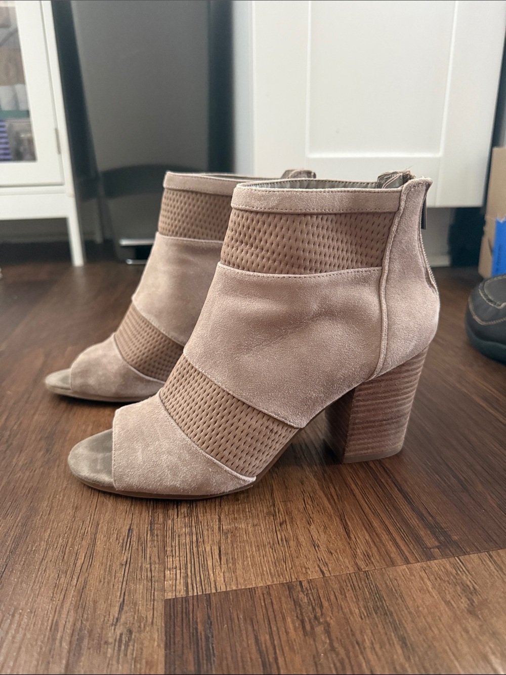Reba Taupe Suede Open-Toe Block Heel Ankle Booties